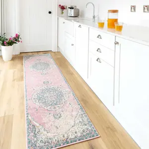 Pink Blue Pastel Traditional Medallion Living Area Runner Rug 60x240cm