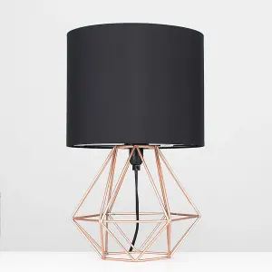 ValueLights Angus Modern Copper Metal Basket Cage Bed Side Table Lamp with Black Fabric Shade with LED Golfball Bulb In Warm White