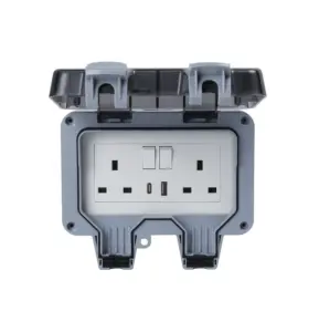 Weatherproof Outdoor Double Plug Socket 2 Gang Switched Socket USB Port IP66