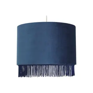 First Choice Lighting Set of 2 Fringed Navy Blue 38cm Fringed Velvet Pendant Shades