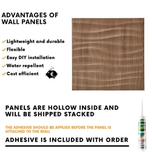 3D Wall Panels Adhesive Included - 6 Sheets Cover 16.15ft²(1.5m²) Interior Cladding Panels - Soft Wave Effect in Matt Wood