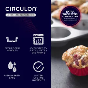 Circulon Momentum Grey Rectangular Carbon Steel Dishwasher Safe Non-Stick 12 Cup Muffin Tin