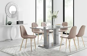 Imperia Grey High Gloss 6 Seater Dining Table with Structural 2 Plinth Column Legs 6 Beige Faux Leather Gold Leg Corona Chairs