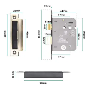 EAI Bathroom Lock 80mm / 57mm Backset ANTIQUE BRASS for Wooden Bathrooms Accepts 5mm Square Spindle CE UKCA & Fire Door App