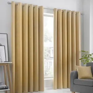 Polyester Room Darkening Grommet / Eyelet Curtain Pair Ochre Yellow / Width 117 x Drop 137 cm