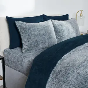 Teddy Fleece Duvet Cover Bedding Set Marl Pillowcase, Navy - Double