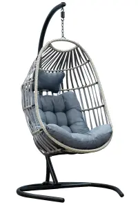 Folding Rattan Hanging Egg Chair with Grey Cushion