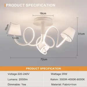 HARPER LIVING 3 Lights LED Chandelier Ceiling Light, 72CM Large Semi Flush Mount Ceiling Lamp with 3 Fabric Shades, 32 W 2000LM