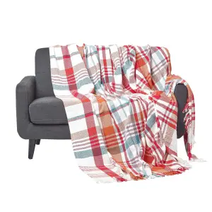 Homescapes Red Tartan 100% Cotton Falun Throw with Tassels, 225 x 255 cm