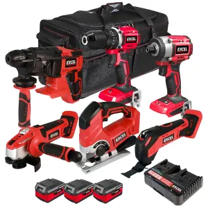 Excel 18V Cordless 6 Piece Tool Kit with 3 x 4.0Ah Batteries & Charger in Bag EXL5226