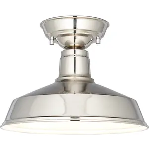 Semi Flush Ceiling Light Fitting - Bright Nickel Plate - Gloss White Inner Shade