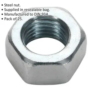 25 Pack M16 Steel Hex Nuts with 2mm Pitch - DIN 934 Certified Quality