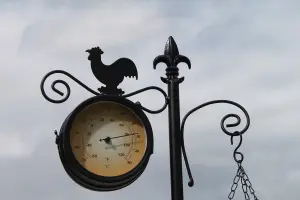 Cockeral Design Garden Clock and Thermometer With Hanging Basket and Stand for Outdoor or Indoor Use.