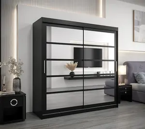 Sophisticated Black Sliding Door Wardrobe H2000mm W2000mm D620mm with Mirrored Panels and Silver Handles