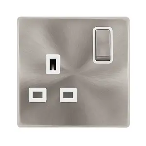 Brushed Steel Screwless Plate 1 Gang 13A DP Ingot Switched Plug Socket - White Trim - SE Home