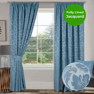 Home Curtains Buckingham Damask Fully Lined 45w x 54d" (114x137cm) Duckegg Blue Pencil Pleat Curtains (PAIR)