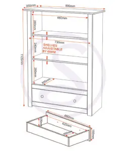 Panama Bookcase 3 Shelf 1 Drawer in Natural Wax Finish