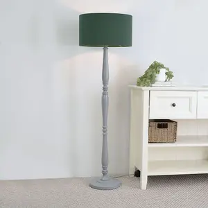 ValueLights Victoria Traditional Grey Wood Candlestick Floor Lamp with Forest Green Drum Shade