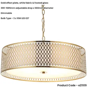 Hanging Ceiling Pendant Light - Gold Effect Plate White Fabric & Frosted Glass - 3 X 10W LED E27