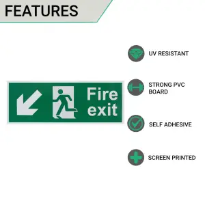 EAI - Fire Exit Sign Arrow Man Down Left 400x150mm Self Adh Semi Rigid PVC