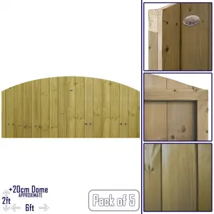 Dome Top Tongue & Groove Fence Panel (Pack of 5) Width: 6ft x Height: 2ft Vertical Interlocking Planks Fully Framed