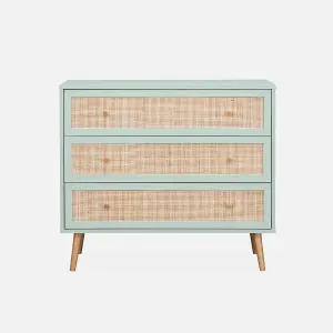 sweeek. 3-drawer chest with wood and cane effect Boheme Celadon Green 90x39x79 cm