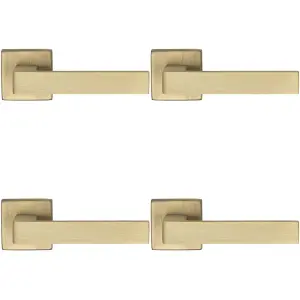 4 PACK - Contemporary Flat Door Handle Set - Antique Brass Sleek Lever on Square Rose