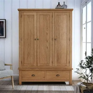 Oak World Ancroft Oak Triple Wardrobe 3 Doors & 2 Drawers With A Natural Waxed Finish & Bronzed Handles