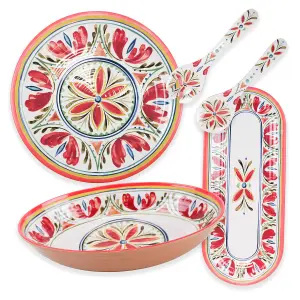 Purely Home Mediterranean Melamine Oval Bowl, Oval Tray, Round Platter & Salad Servers Set