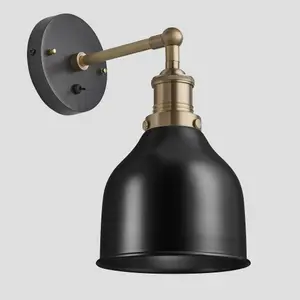 Industville Brooklyn Cone Wall Light, 7 Inch, Black, Brass Holder