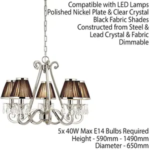 Esher Ceiling Pendant Chandelier Nickel Crystal & Black Shades 5 Lamp Light