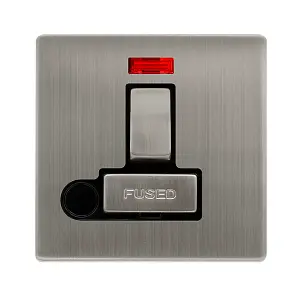 Stainless Steel Screwless Plate 13A Fused Ingot Connection Unit Switched With Neon With Flex - Black Trim - SE Home