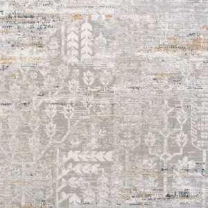 Grey Gold Metallic Floral Motif Distressed Living Area Rug 70x240cm