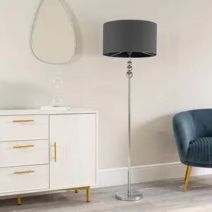 ValueLights Marissa Chrome Stacked Ball Floor Lamp with Charcoal Grey Drum Shade - LED Bulb Included