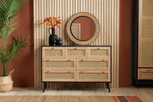 Black Chest of 7 Drawers Rattan Mid Century Modern