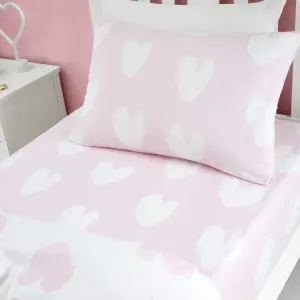 Catherine Lansfield Brushed Cotton Hearts Fitted Sheet White Pink