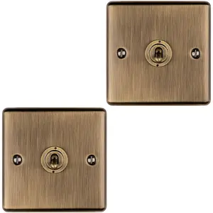 2 PACK 1 Gang Single Retro Toggle Light Switch ANTIQUE BRASS 10A 2 Way Plate