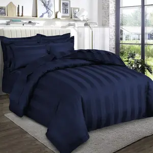 Renze Microfiber 250 TC Reversible Stripe Duvet Cover Set with Pillowcases Navy / Double Duvet Cover + 2 Standard  Pillowcases