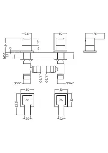 Contemporary Square Deck Mounted 3/4" Chrome Side Valves - Chrome