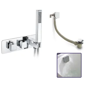 2 Dial 2 Way Square Thermostatic Concealed Valve Diverter & Shower Handset & Bath Filler Waste