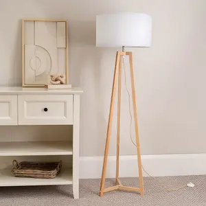 ValueLights Lottie Natural Wood Tripod Floor Lamp with White Drum Shade - LED Bulb Included