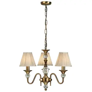 Diana Ceiling Pendant Chandelier Antique Brass & Beige Pleat Shade 3 Lamp Light