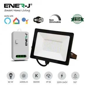 50W LED Floodlight Pre Wired with 500W RF + WiFi Receiver + 1 Gang Wireless Kinetic Switch (White Body)