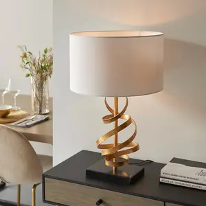 Hammered Gold Leaf Ribbon Table Lamp Light & Ivory Shade - Black Marble Base