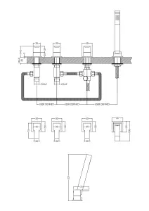 Deck Mount Square 4 Tap Hole Bath Shower Mixer Tap with Kit  Chrome