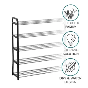 House of Home 5 Tier Shoe Rack Freestanding Metal Rail Stand 15-20 Pairs Quick Build Black