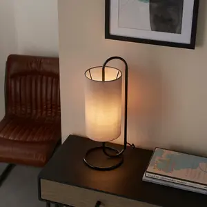 Modern Matt Black Oval Table Lamp Desk Light & Grey Fabric Cylinder Shade