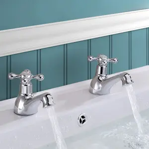 Nes Home Trafford Cross Head Basin Hot & Cold Tap Pair & Square Waste Chrome