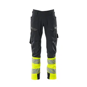 Mascot Accelerate Safe Ultimate Stretch Trousers with Thigh Pockets - Dark Navy/Hi-Vis Yellow  (42.5) (Leg Length - Short)