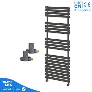 Designer Delta Anthracite Flat Panel Towel Radiator Heated Ladder Rail - 1424 x 500mm - Straight Manual Square Valve Pair